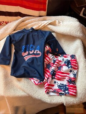 Kids Patriotic Long-Sleeve Navy Rash Guard with Patriotic Swim Shorts SZ 9-18 Mn